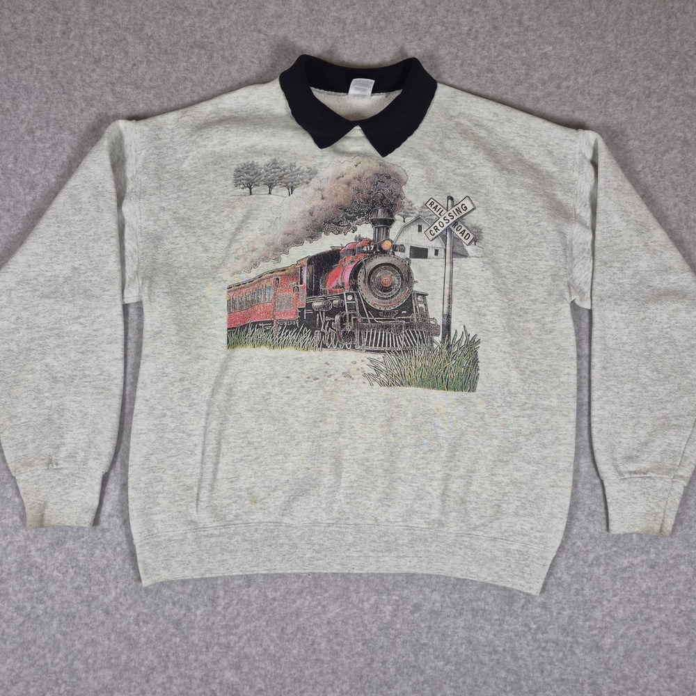 Vintage Fruit of the Loom Sweatshirt L Gray Vintage Train Graphic Polo 90s